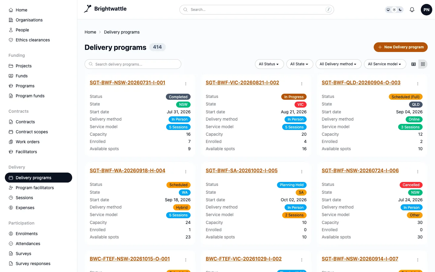The same delivery programs shown as cards instead of a table