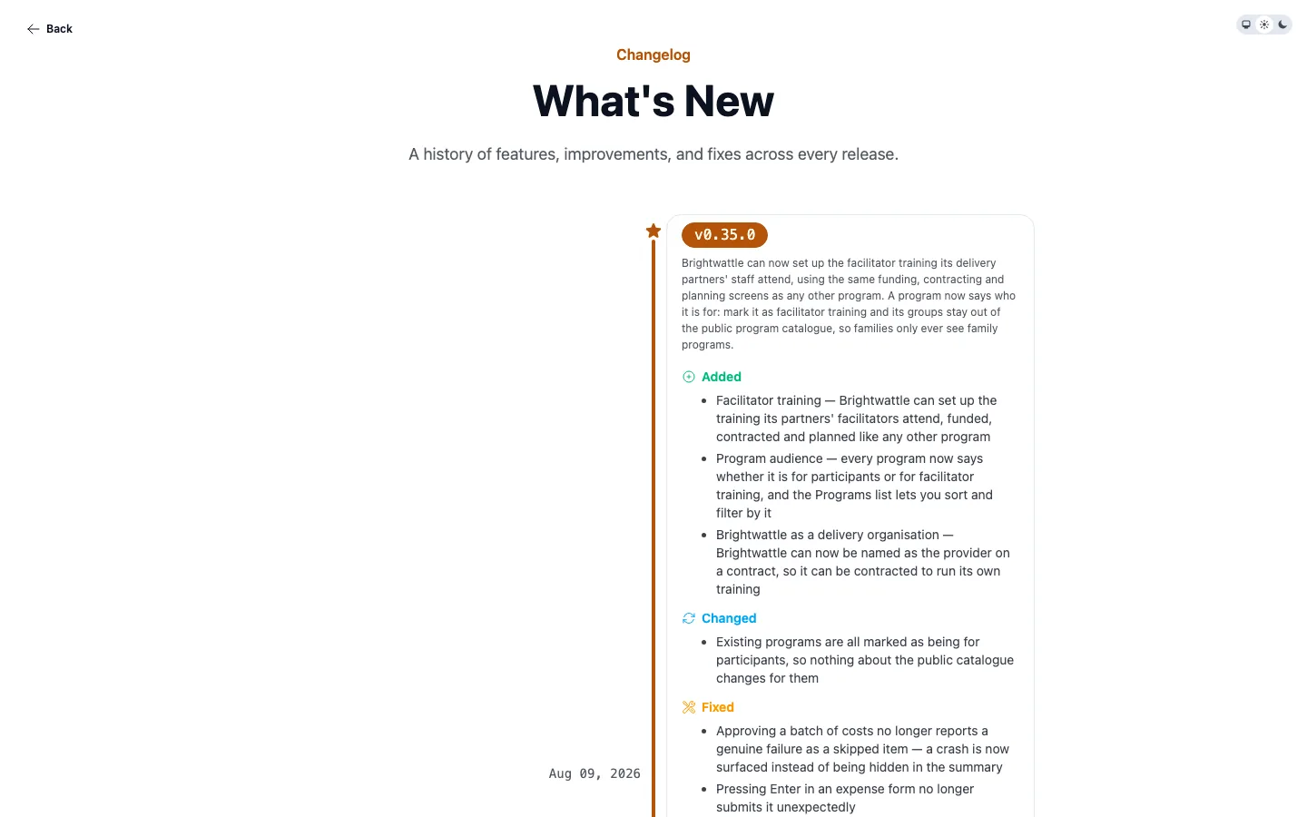 The what's new page inside the application, showing release v0.35.0 with its changes grouped into added, changed, fixed and security