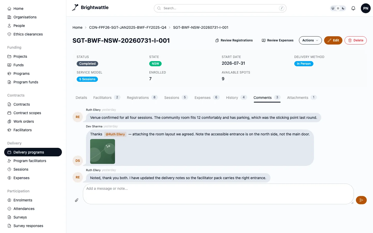 A comments tab showing a conversation between two people with an image attached