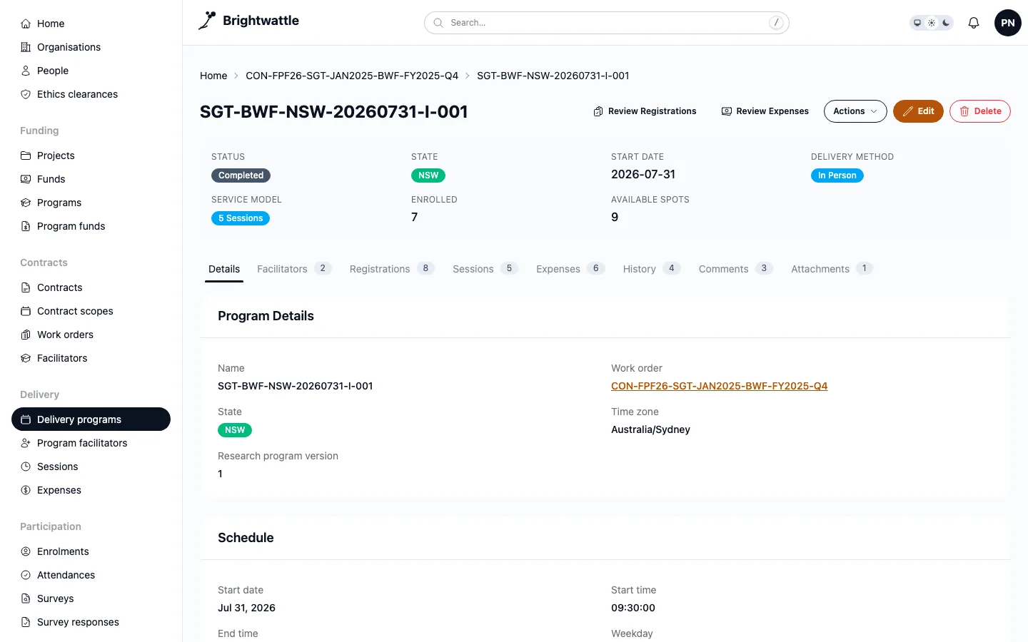 A delivery program record page with highlight fields and seven tabs, each showing a count