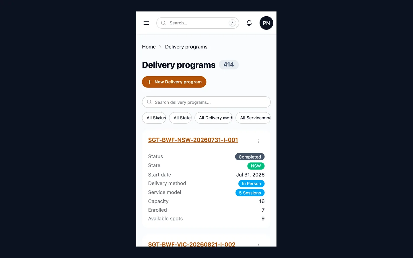 The delivery programs list on a phone, reflowed into stacked cards