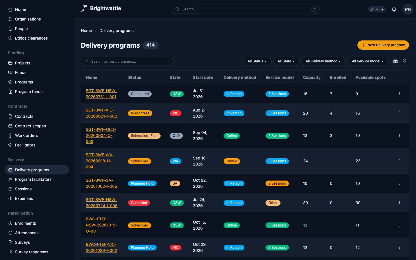 The delivery programs list rendered in the dark theme, the same screen as the first tab