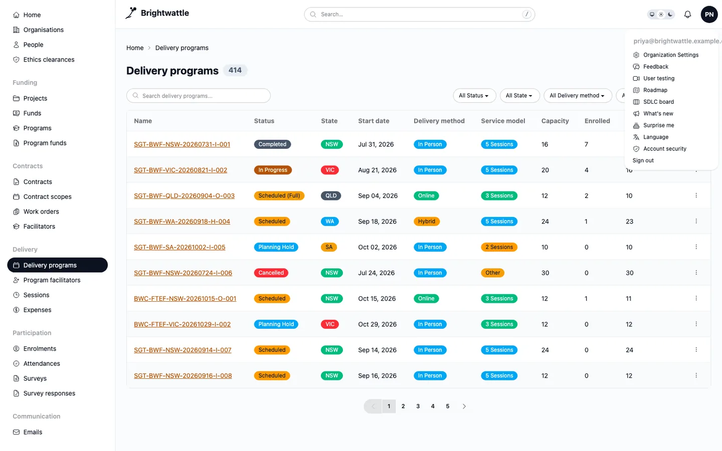 The application's own user menu open, listing feedback, user testing, roadmap, the delivery board and what's new alongside account security and sign out