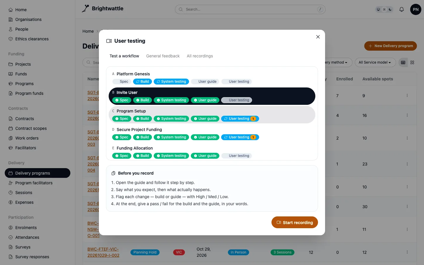 The user testing panel with the Invite User workflow selected, its five gates shown, a Before you record checklist and an enabled start recording button