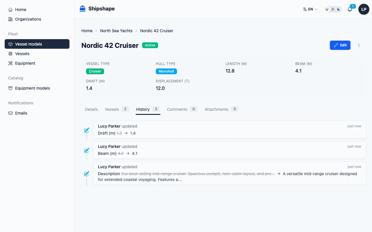 Activity timeline with field-level change diffs