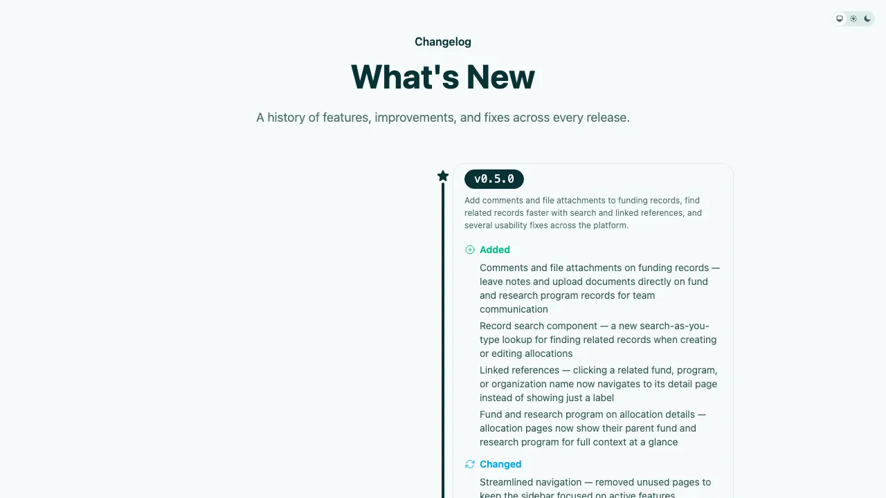 Changelog with versioned release notes
